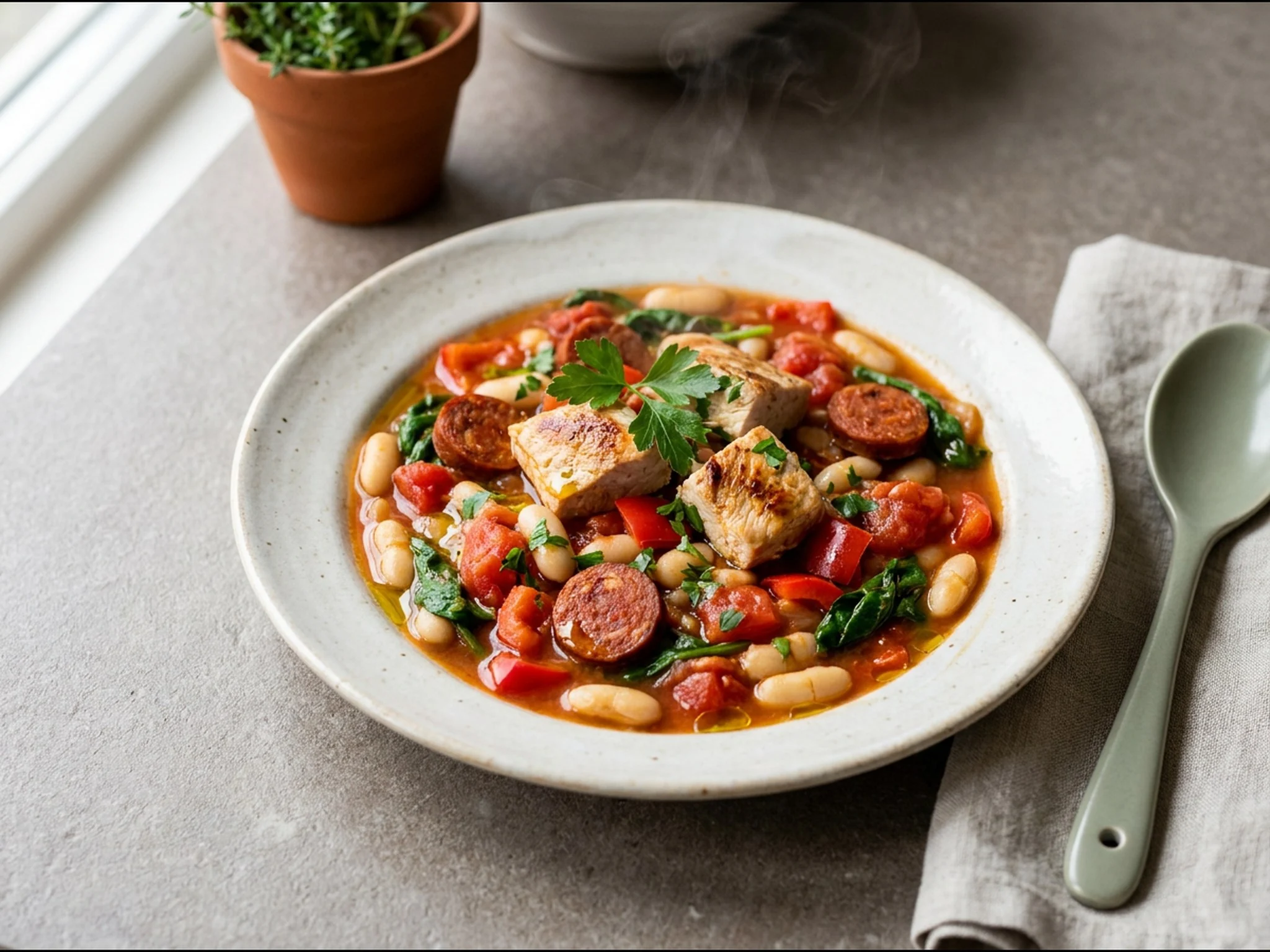 Spaanse bonenstoof met kalkoen en gerookt paprikapoeder — dinergerecht van dichtbij gefotografeerd op een bord, met 47 gram eiwit en 540 kcal per portie