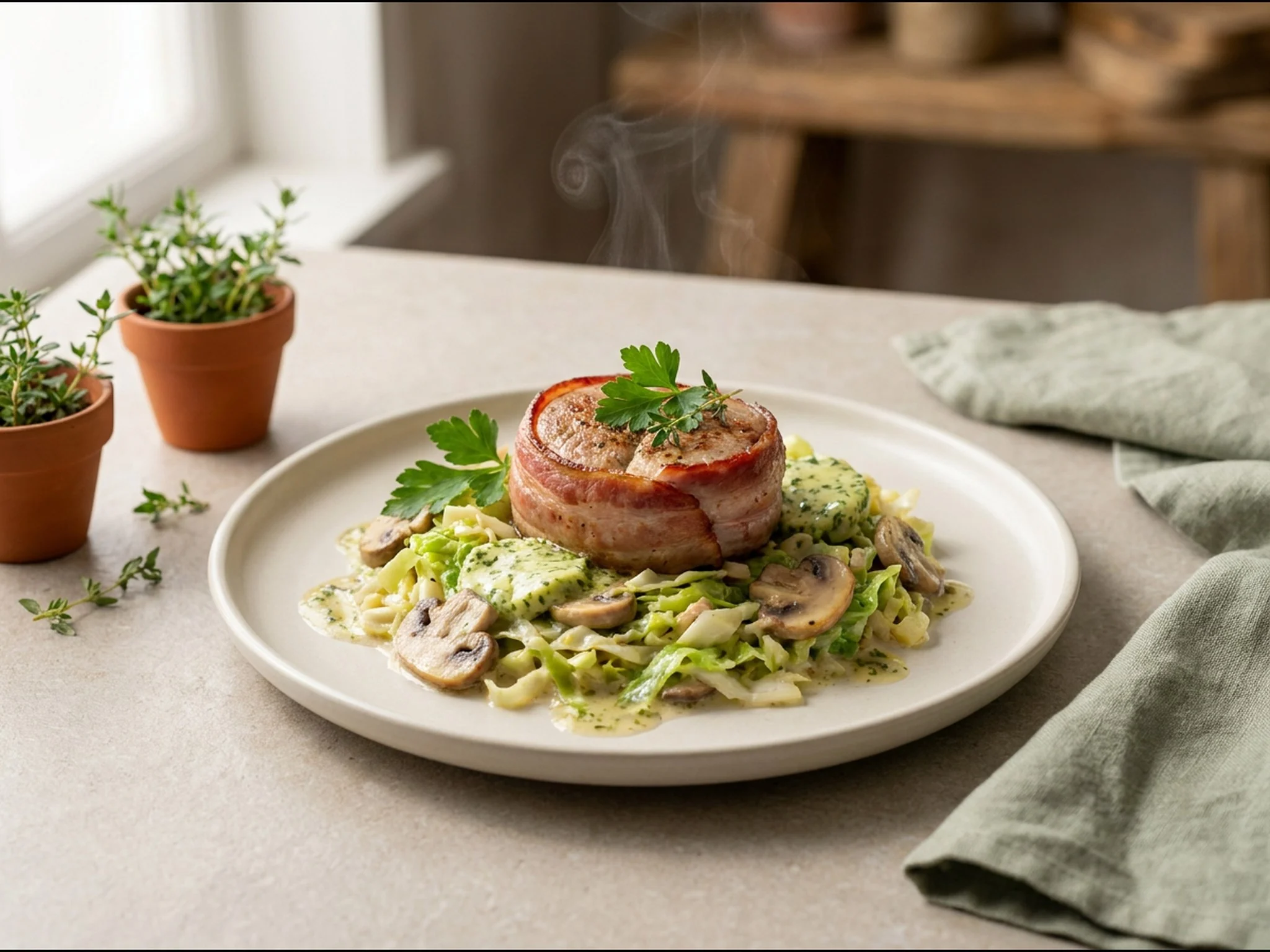 Spek-omwikkelde varkenshaas met romige groene kool — dinergerecht van dichtbij gefotografeerd op een bord, met 46 gram eiwit en 527 kcal per portie