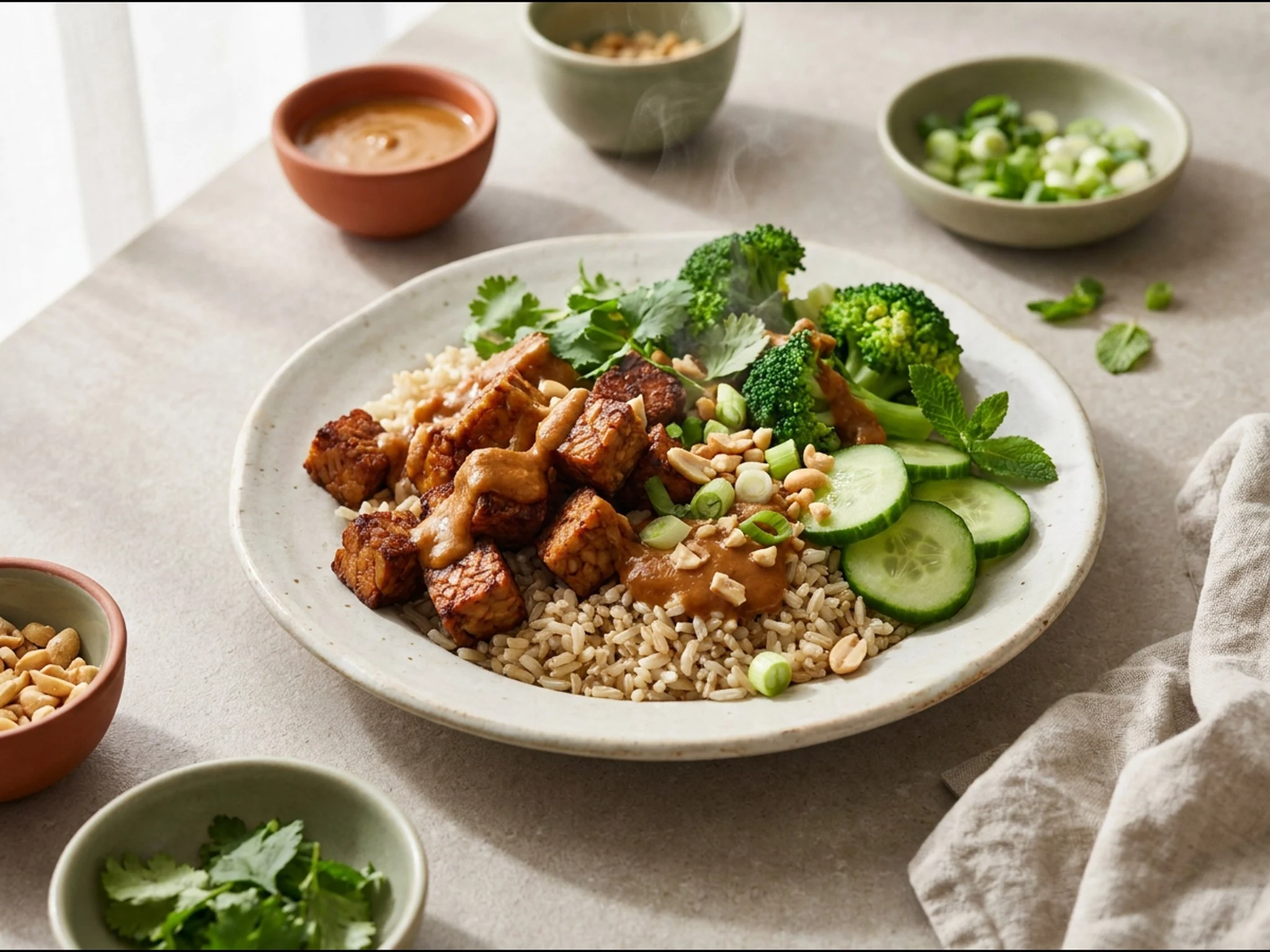 Tempehbowl met pindasaus — dinergerecht van dichtbij gefotografeerd op een bord, met 34 gram eiwit en 600 kcal per portie