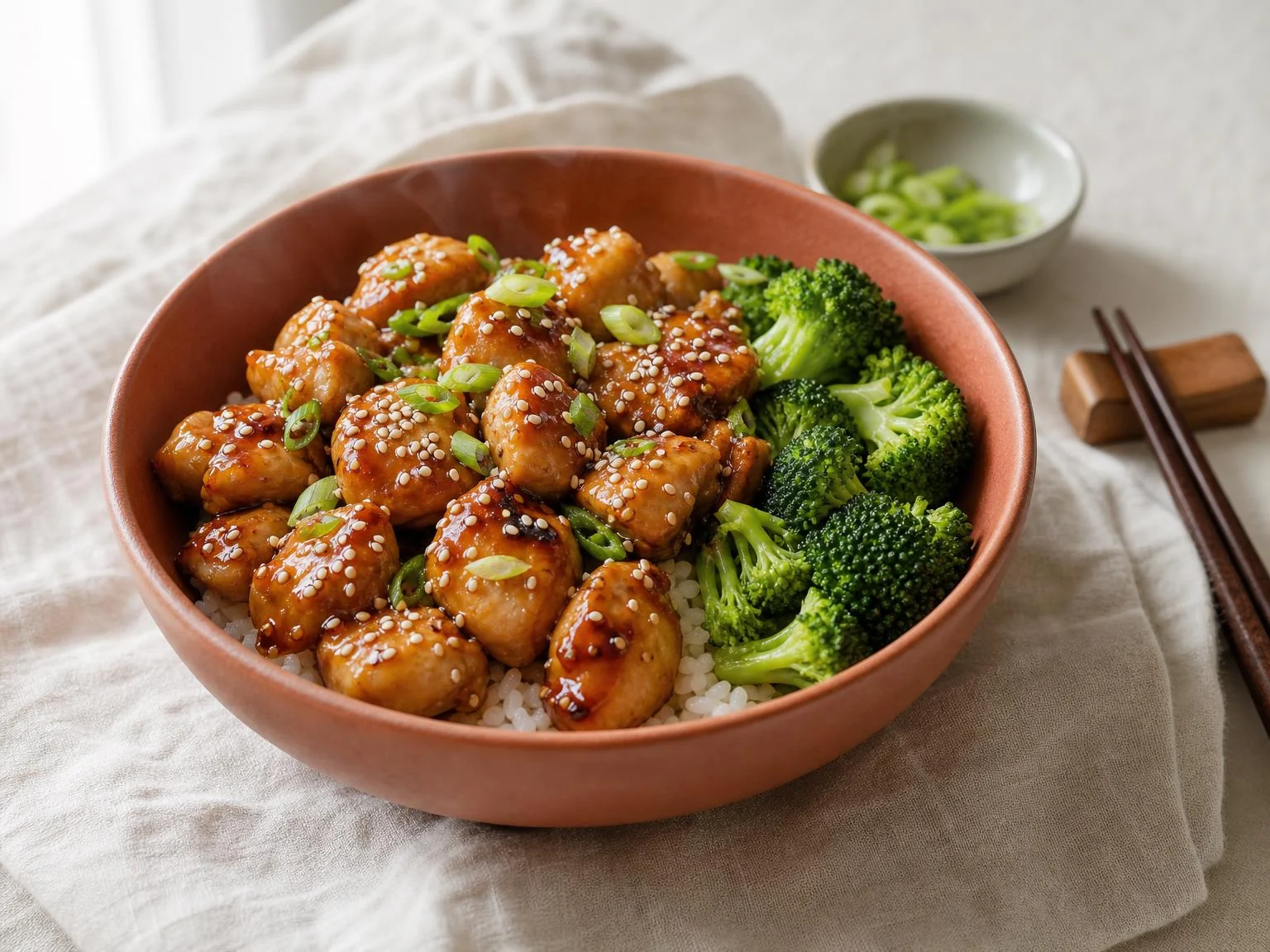 Teriyaki-kip met rijst en broccoli in een terracotta kom, bestrooid met sesamzaad en lente-ui