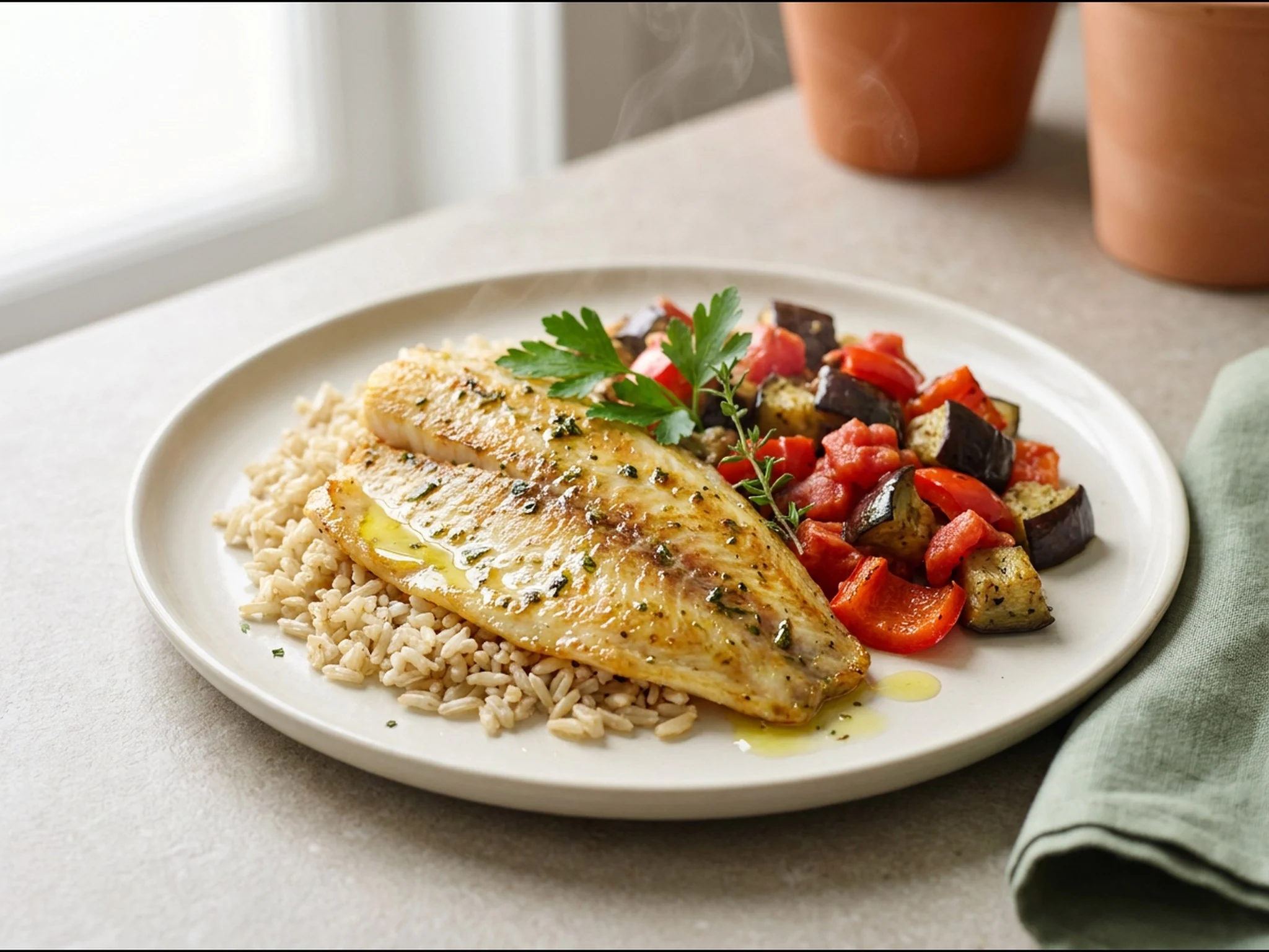 Tilapiafilet uit de oven met mediterrane groenten — dinergerecht van dichtbij gefotografeerd op een bord, met 46 gram eiwit en 433 kcal per portie