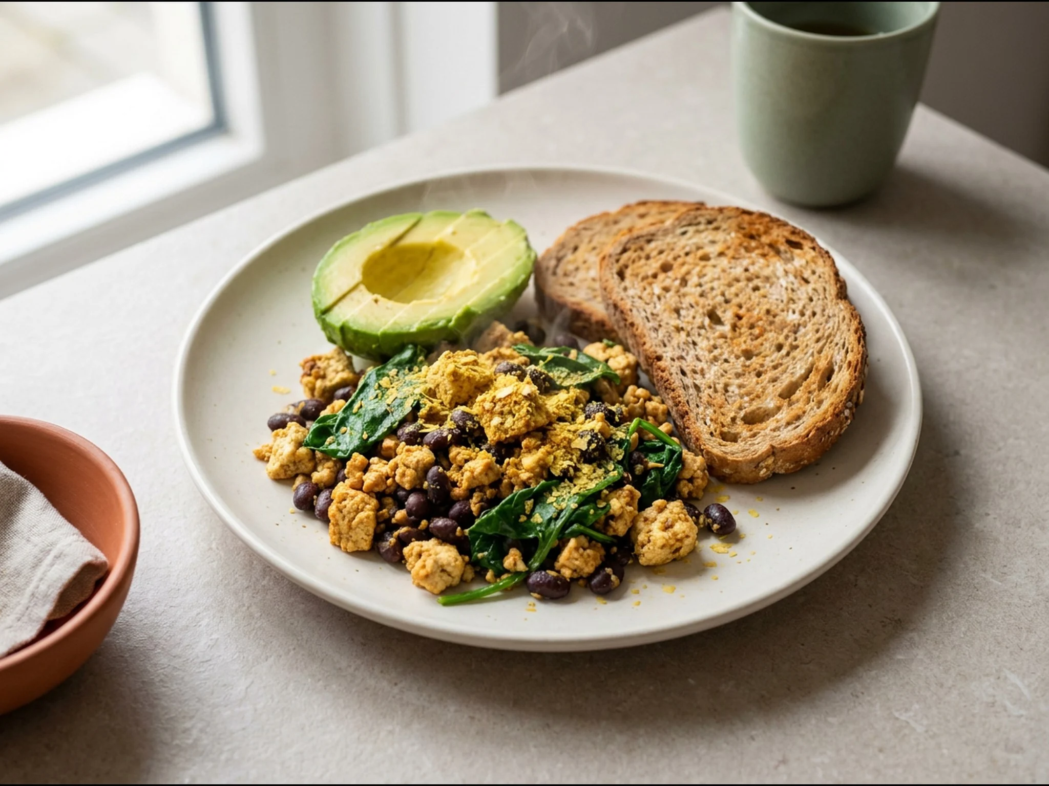 Tofu scramble met zwarte bonen en avocado — ontbijtgerecht van dichtbij gefotografeerd op een bord, met 40 gram eiwit en 553 kcal per portie