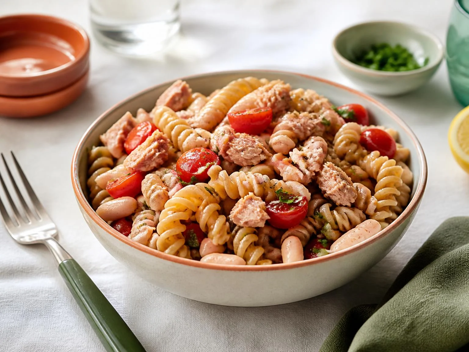 Tonijnpasta-salade met witte bonen — lunchgerecht van dichtbij gefotografeerd op een bord, met 57 gram eiwit en 676 kcal per portie