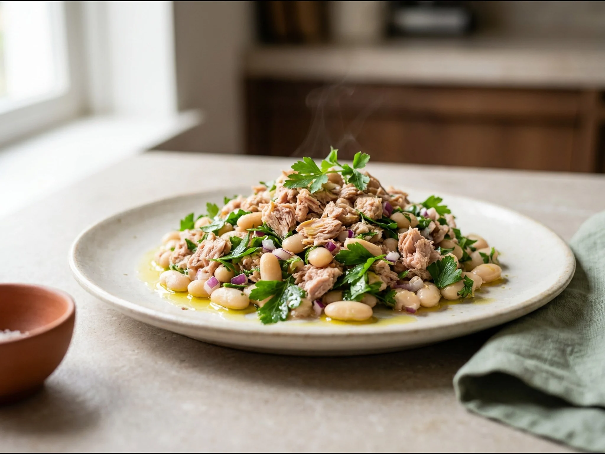 Tonijnsalade met witte bonen — lunchgerecht van dichtbij gefotografeerd op een bord, met 40 gram eiwit en 430 kcal per portie