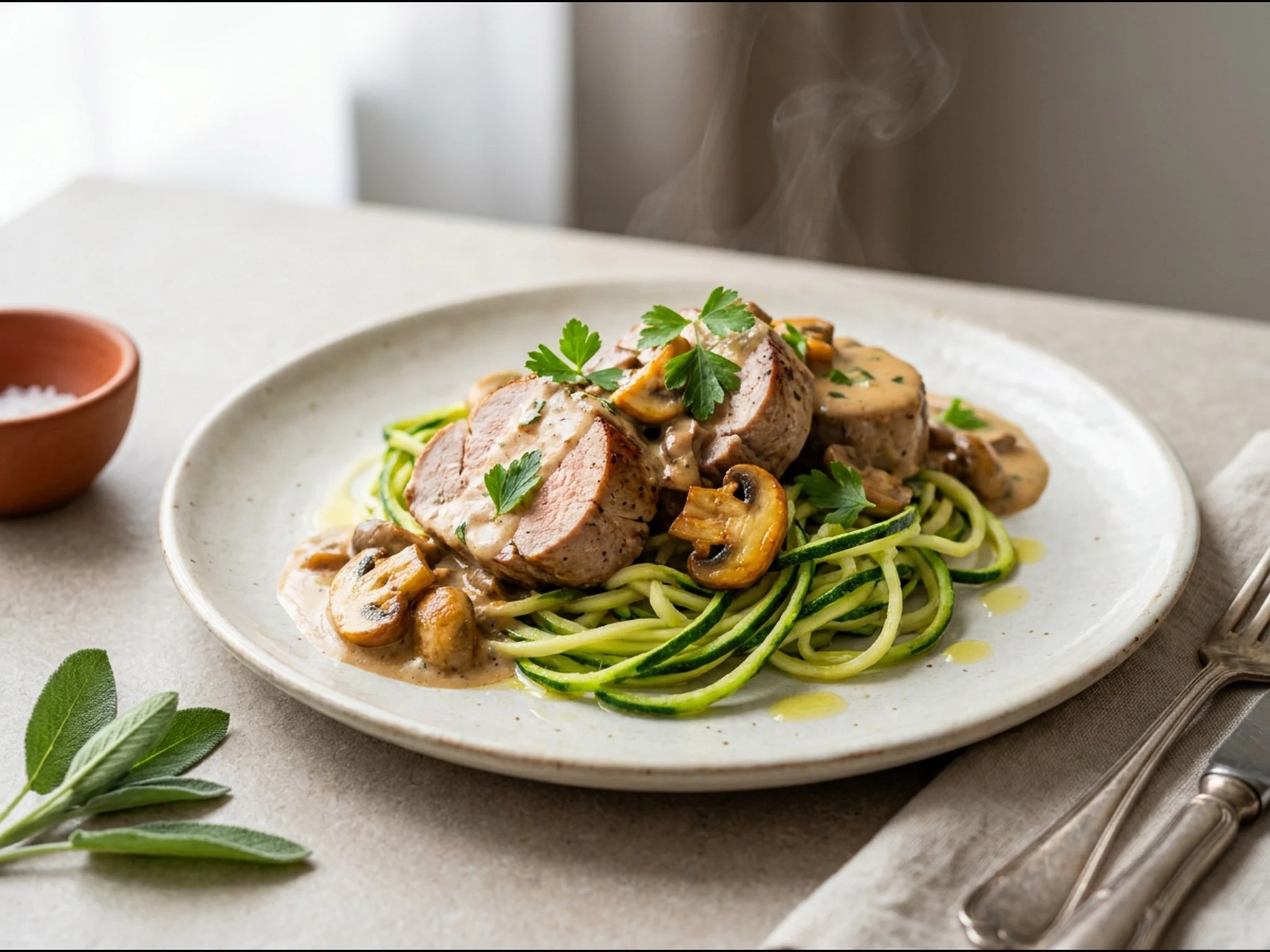 Varkenshaas in champignonroomsaus met courgetti — dinergerecht van dichtbij gefotografeerd op een bord, met 39 gram eiwit en 516 kcal per portie