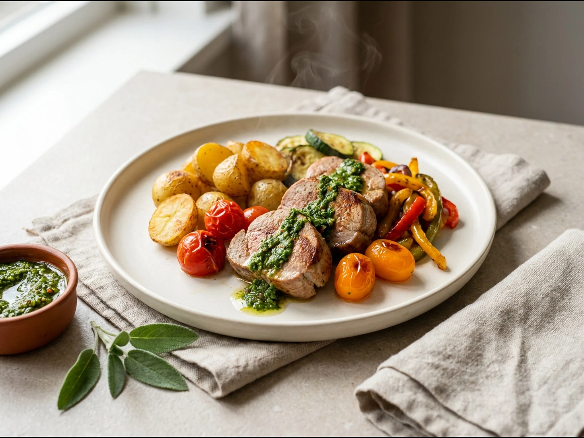 Varkenshaas medaillons met chimichurri en groenten — dinergerecht van dichtbij gefotografeerd op een bord, met 38 gram eiwit en 522 kcal per portie