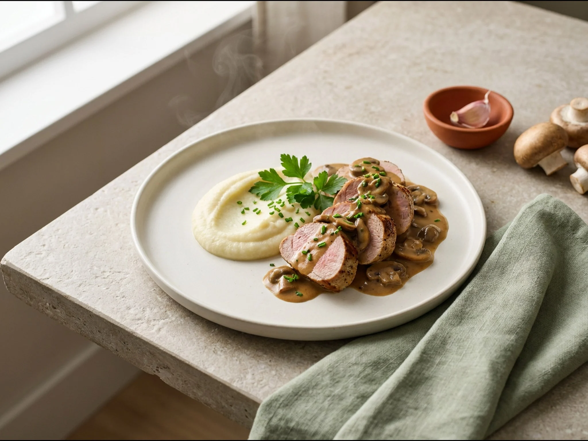 Varkenshaas met champignonsaus en bloemkoolpuree — dinergerecht van dichtbij gefotografeerd op een bord, met 42 gram eiwit en 538 kcal per portie