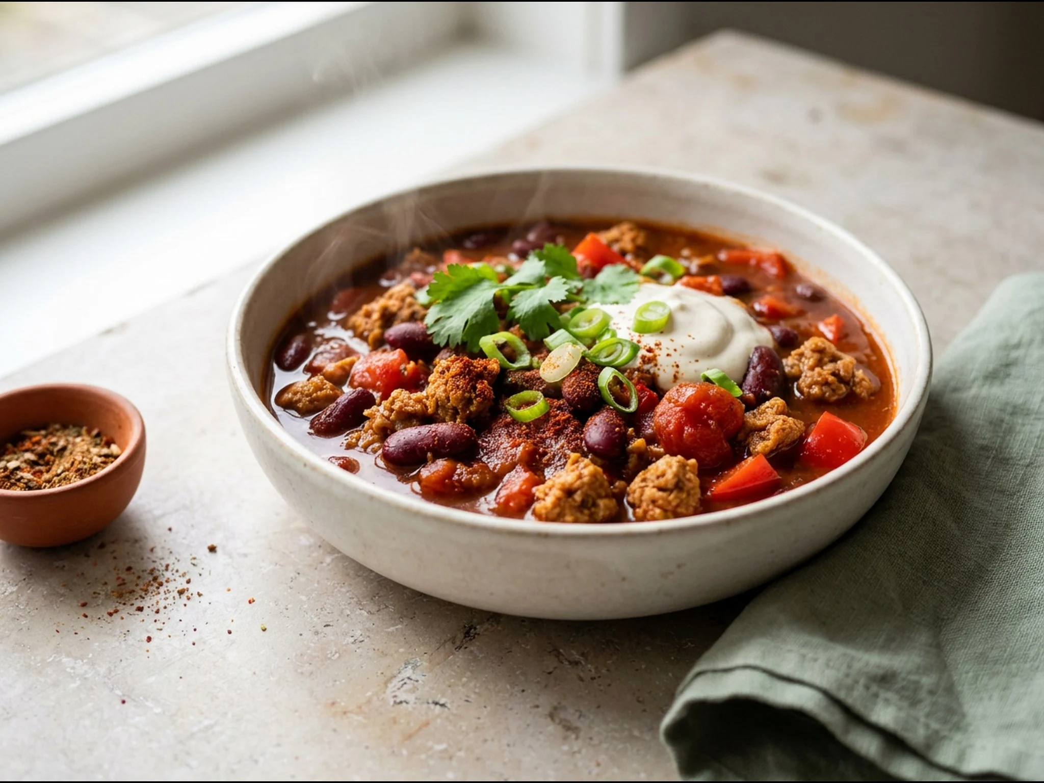 Vegan chili sin carne — dinergerecht van dichtbij gefotografeerd op een bord, met 24 gram eiwit en 480 kcal per portie