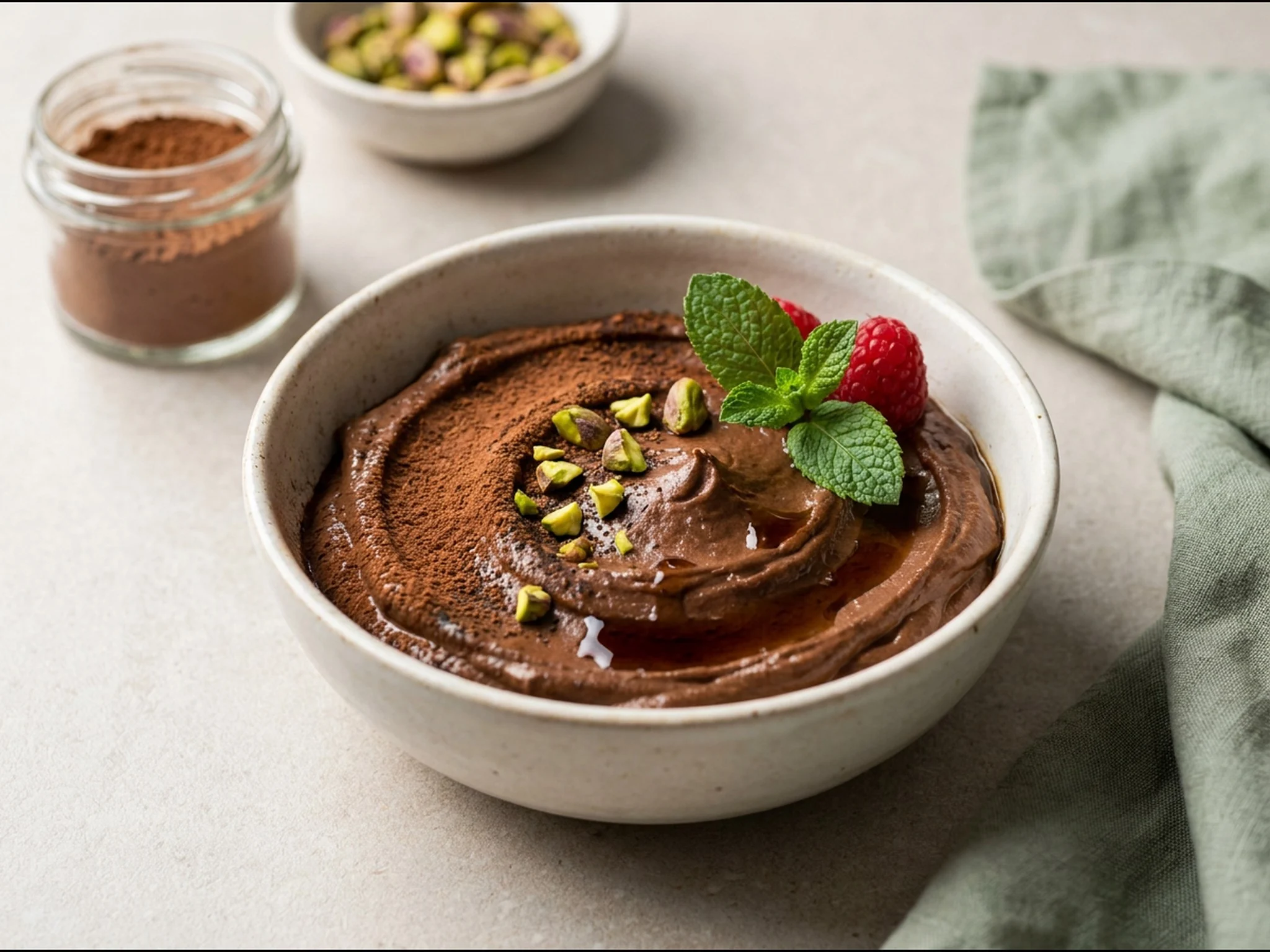 Vegan chocolademousse van zijdetofu en avocado — dessert van dichtbij gefotografeerd op een bord, met 32 gram eiwit en 528 kcal per portie