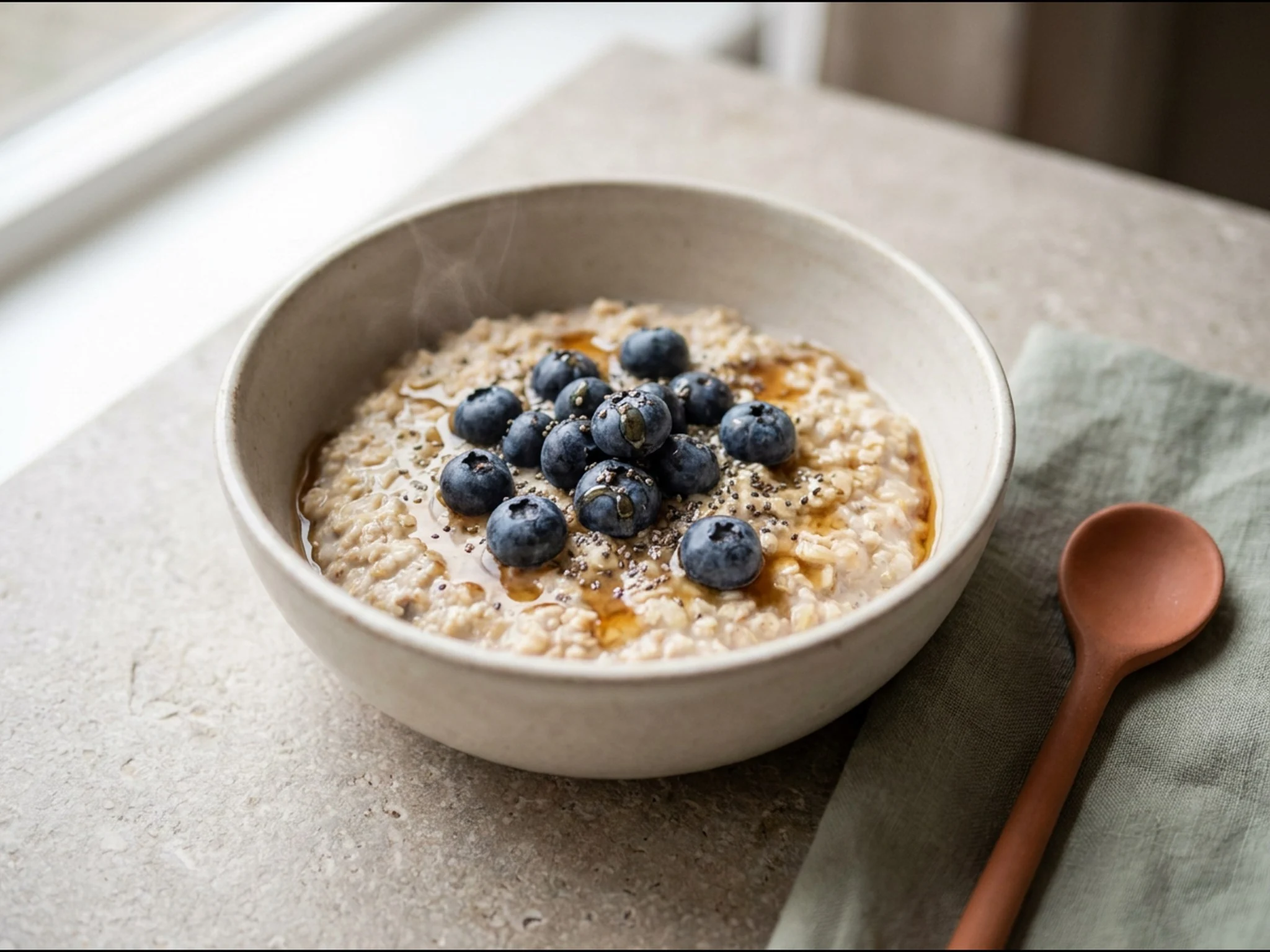 Vegan overnight oats met amandelmelk — ontbijtgerecht van dichtbij gefotografeerd op een bord, met 14 gram eiwit en 390 kcal per portie