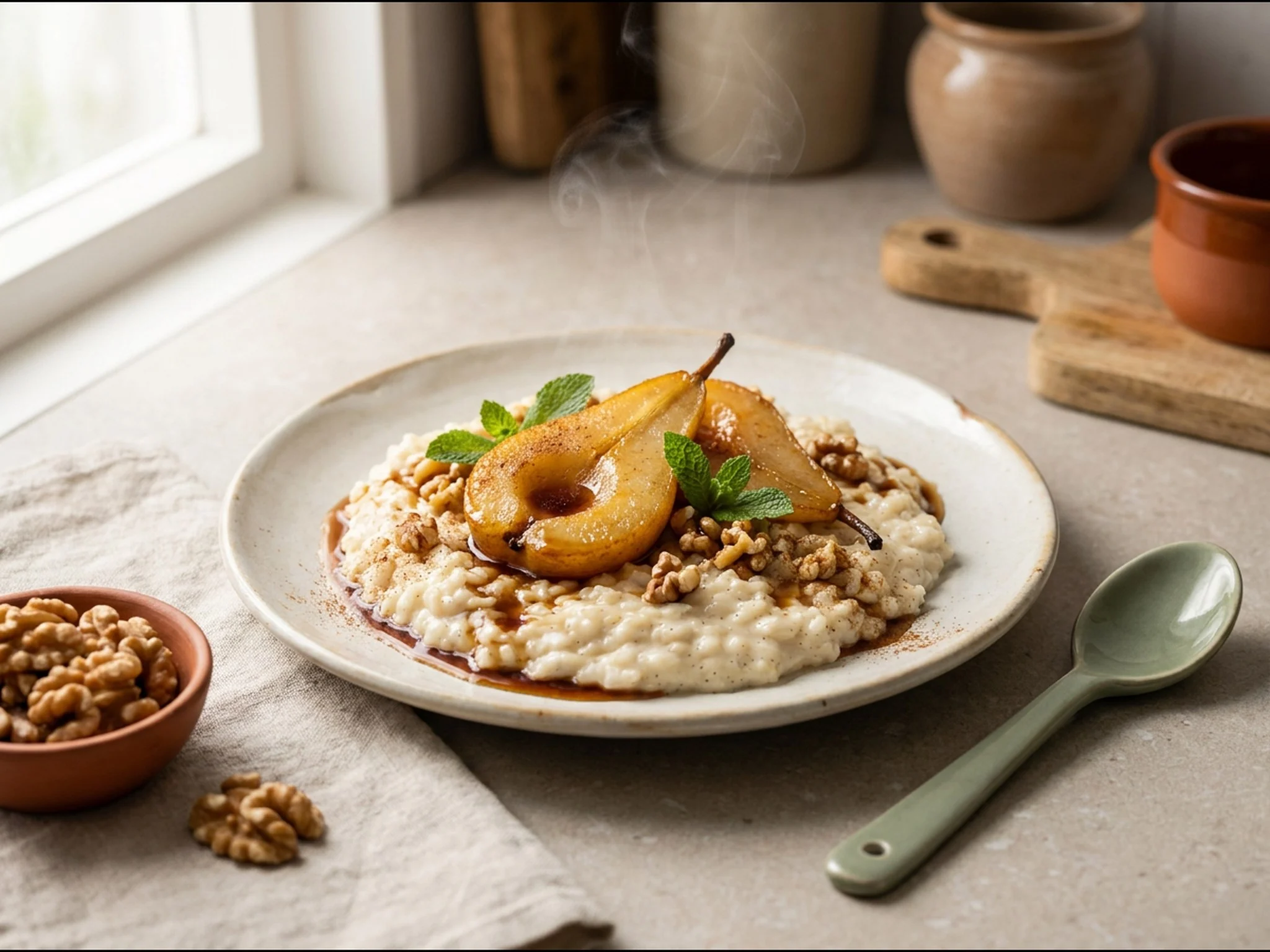 Vegan proteïne rijstepap met gekarameliseerde peer — dessert van dichtbij gefotografeerd op een bord, met 34 gram eiwit en 537 kcal per portie