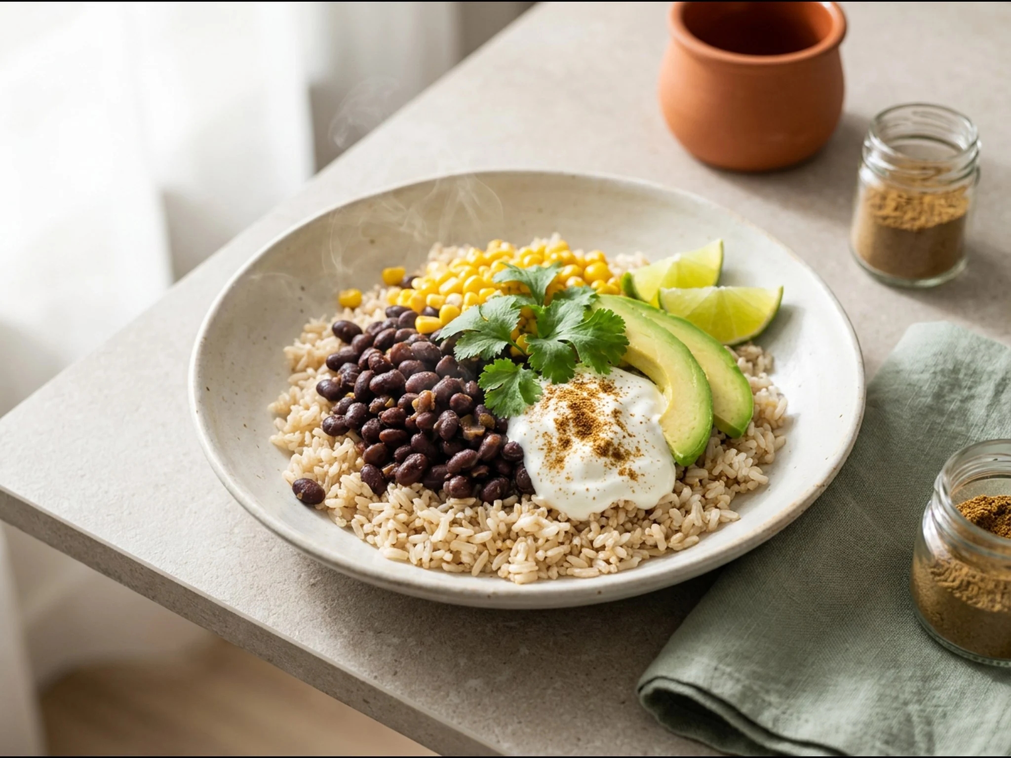 Vegetarische burritobowl met zwarte bonen — dinergerecht van dichtbij gefotografeerd op een bord, met 32 gram eiwit en 530 kcal per portie