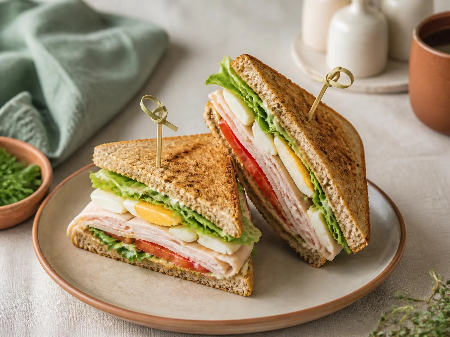 Volkoren clubsandwich met kalkoen en ei — lunchgerecht van dichtbij gefotografeerd op een bord, met 34 gram eiwit en 523 kcal per portie