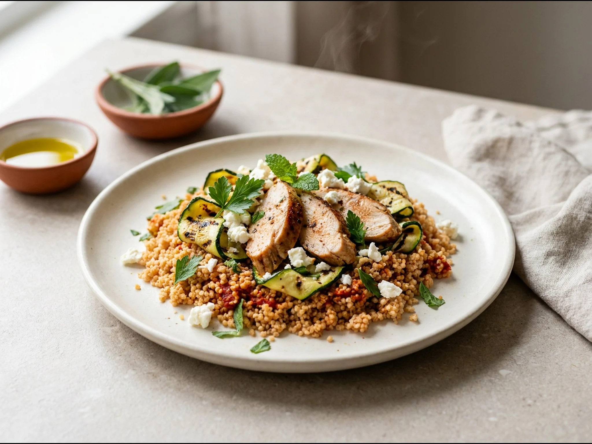 Volkoren couscous met pittige kalkoen en gegrilde courgette — lunchgerecht van dichtbij gefotografeerd op een bord, met 64 gram eiwit en 684 kcal per portie