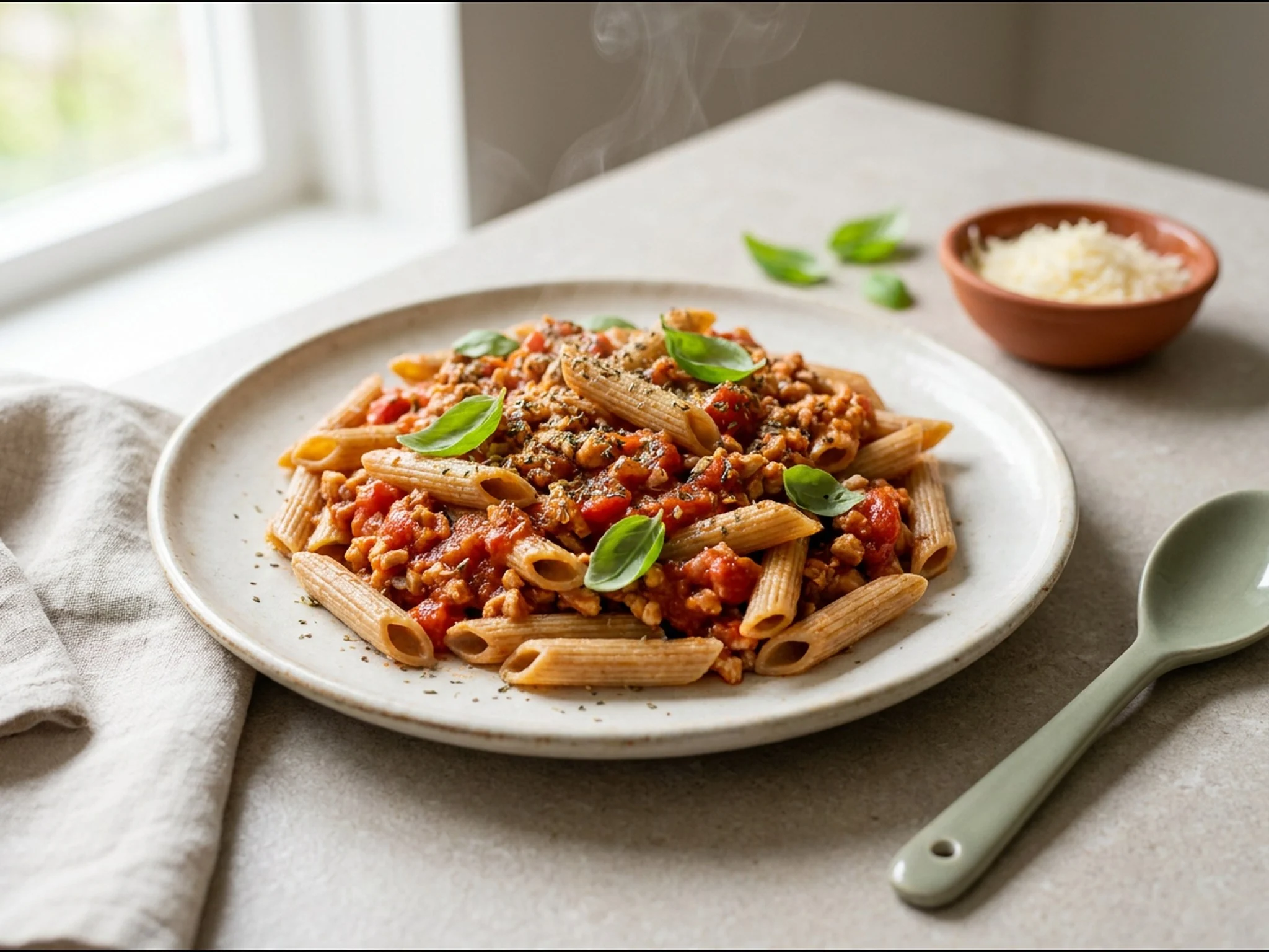 Volkoren pasta met kipgehakt — dinergerecht van dichtbij gefotografeerd op een bord, met 45 gram eiwit en 610 kcal per portie