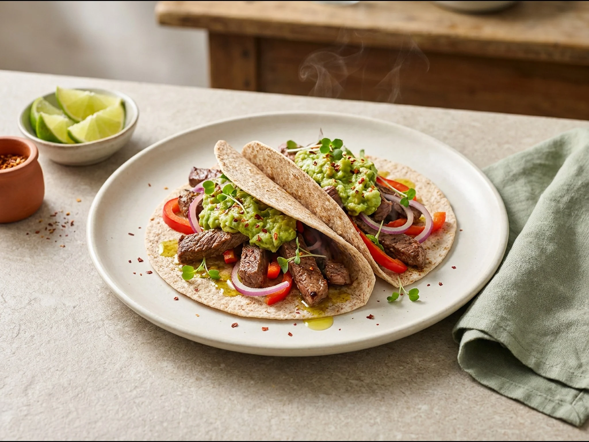 Volkoren wraps met runderreepjes en guacamole — lunchgerecht van dichtbij gefotografeerd op een bord, met 57 gram eiwit en 773 kcal per portie