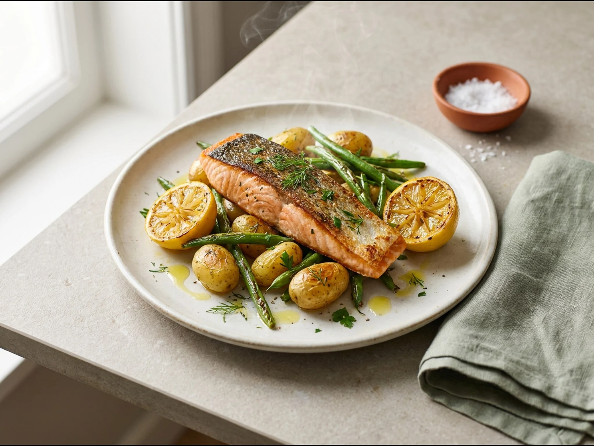 Zalmfilet met geroosterde groenten — dinergerecht van dichtbij gefotografeerd op een bord, met 45 gram eiwit en 620 kcal per portie